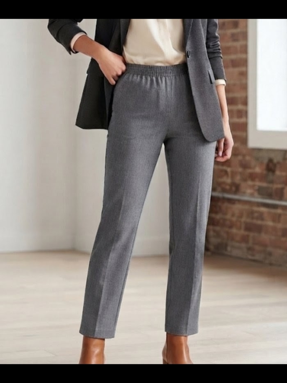 Alia Size 12 Petite Women's Gray Elastic-Waist Straight Trousers